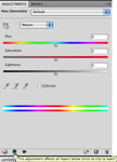 This shows the Hue-Saturation adjustment panel which modifies the colour of either your selection in the next layer below, or the whole layer below, or all layers below this layer. There is a small toggle switch at the bottom, third icon from the left which controls the cliping or not. Hue-Saturation, also showing cliping mask button location. This toggle either applies adjustments to only the layer below, or all the layers below.